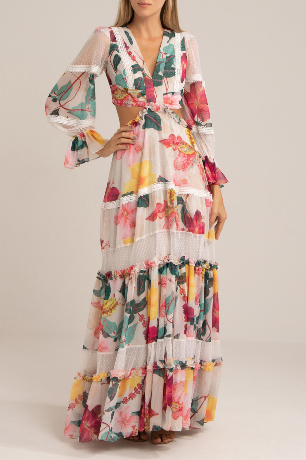 Vestido manga longa hibiscus off