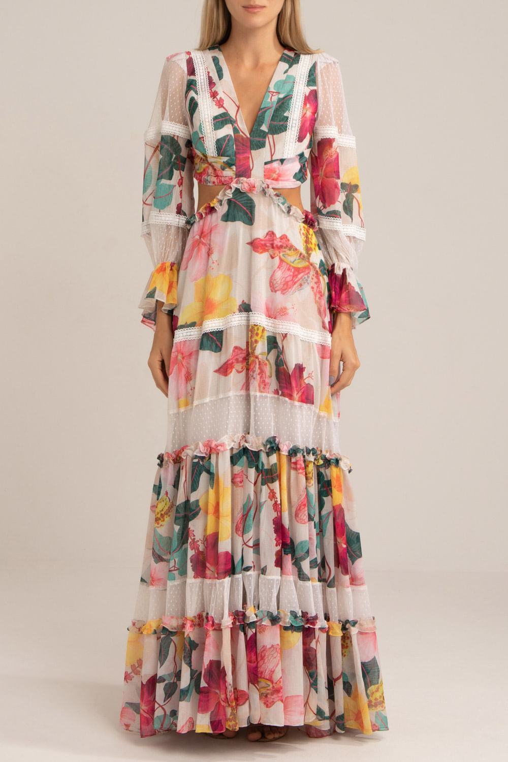 Vestido manga longa hibiscus off
