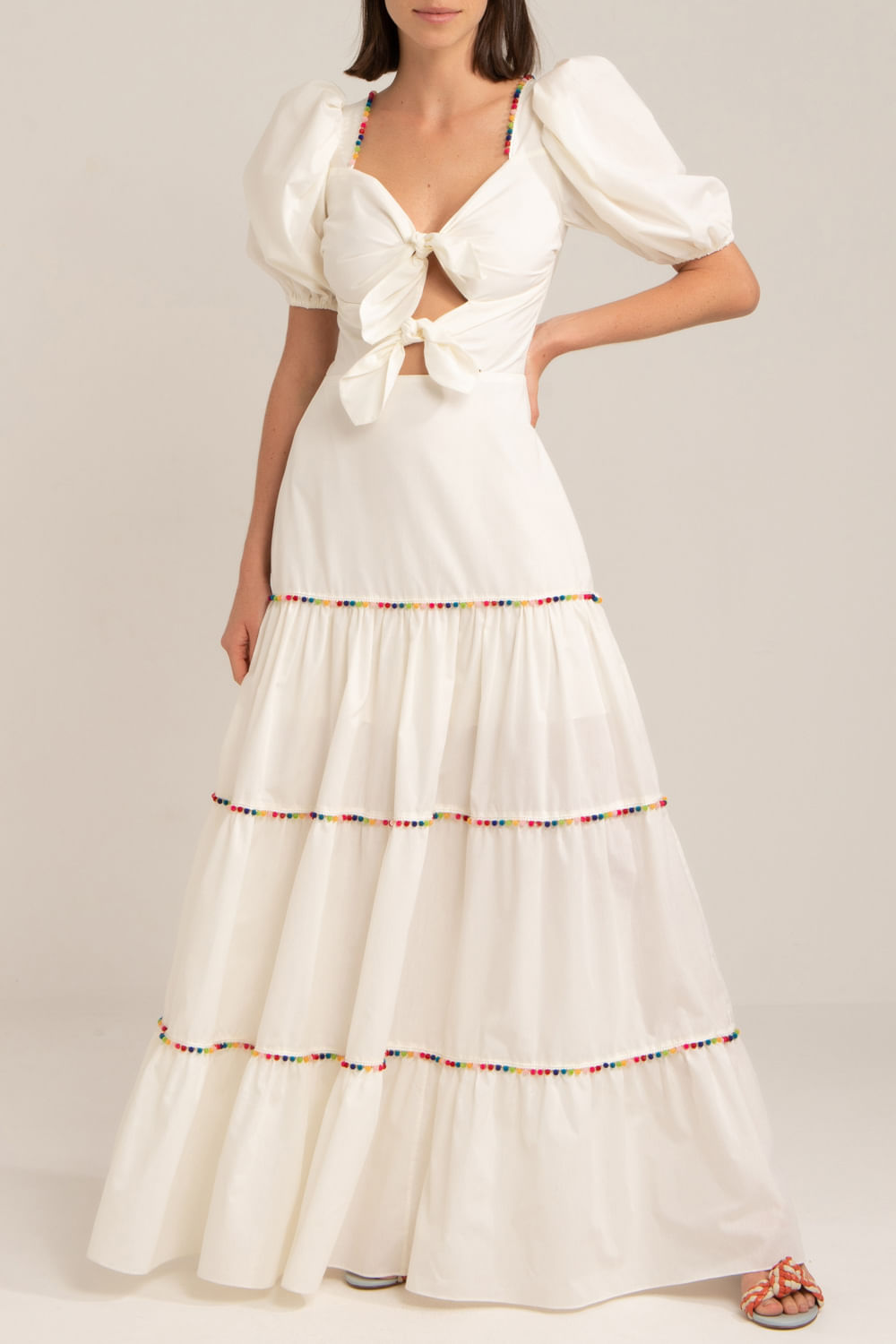 VESTIDO ENTREMEIO BOLINHA TRICOLINE RETRÔ OFF WHITE
