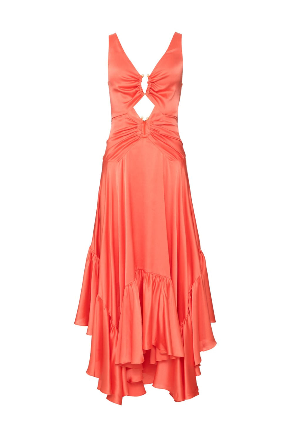VESTIDO LONGO ASSIMÉTRICO CETIM SLIP CORAL