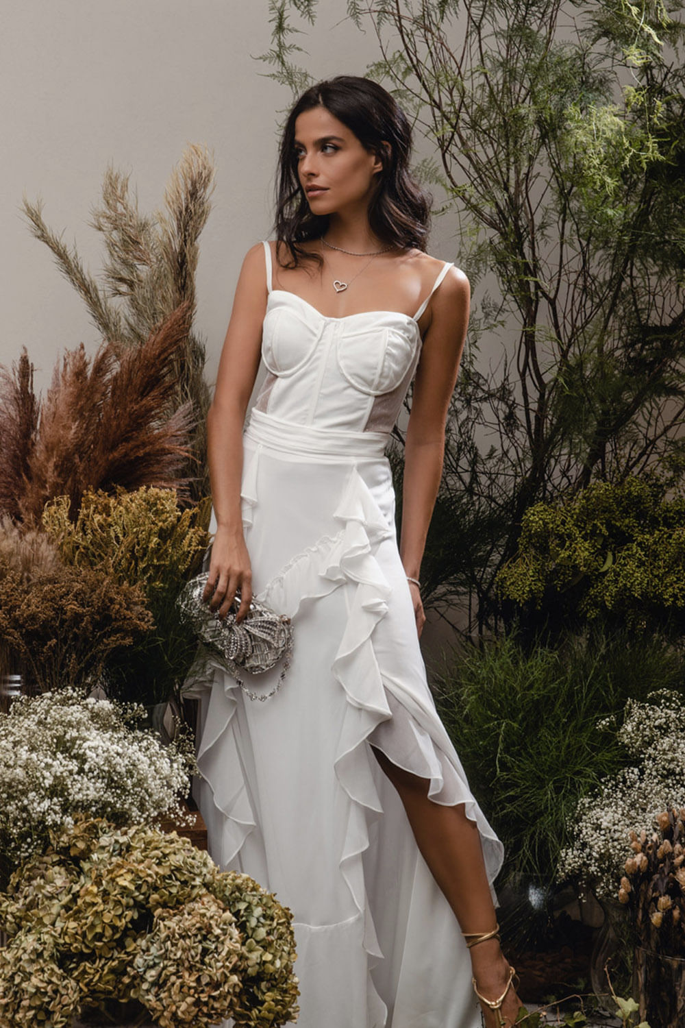 VESTIDO LONGO CORSET CHIFFON BLOOMING OFF WHITE