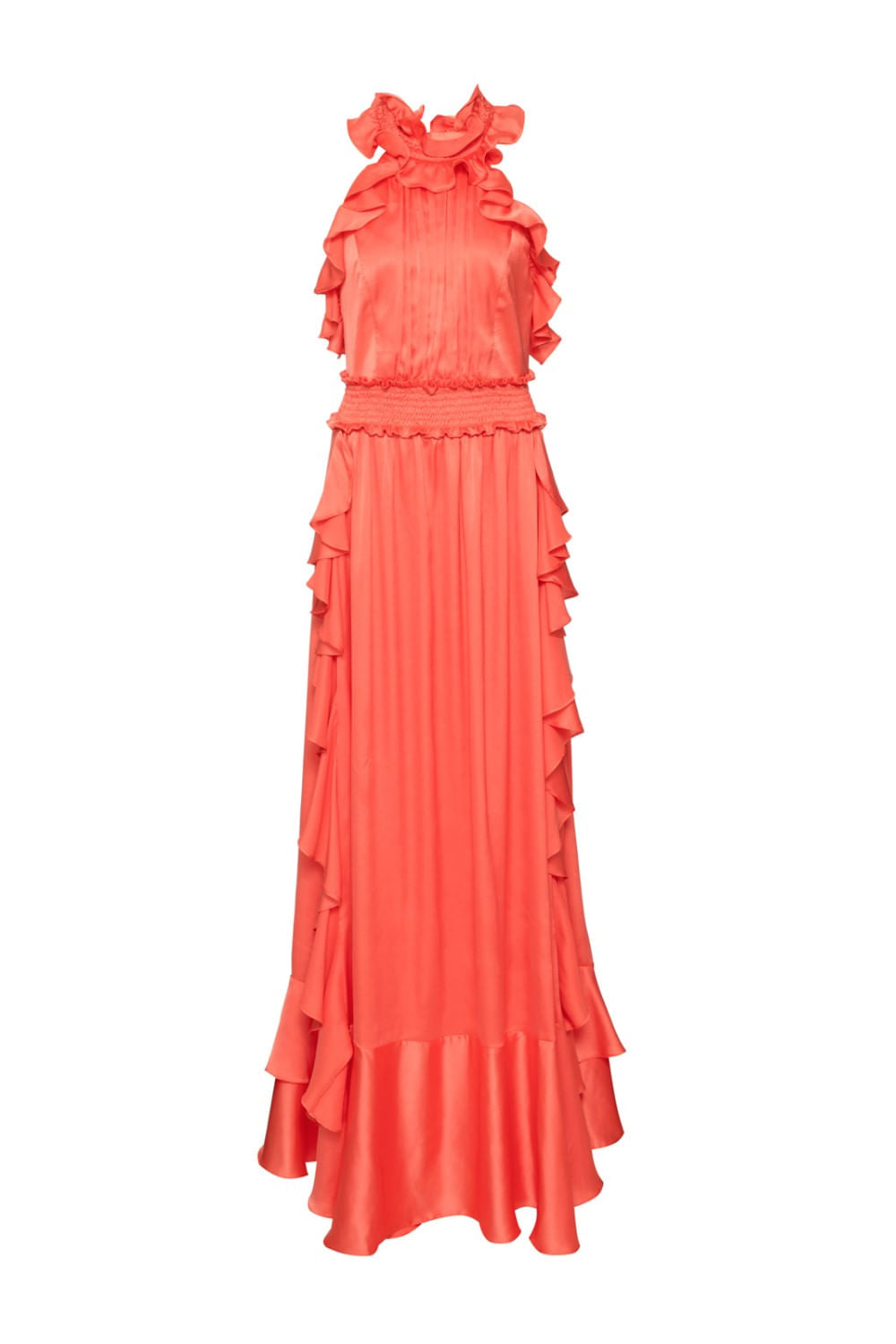 VESTIDO LONGO BABADO CETIM SLIP CORAL