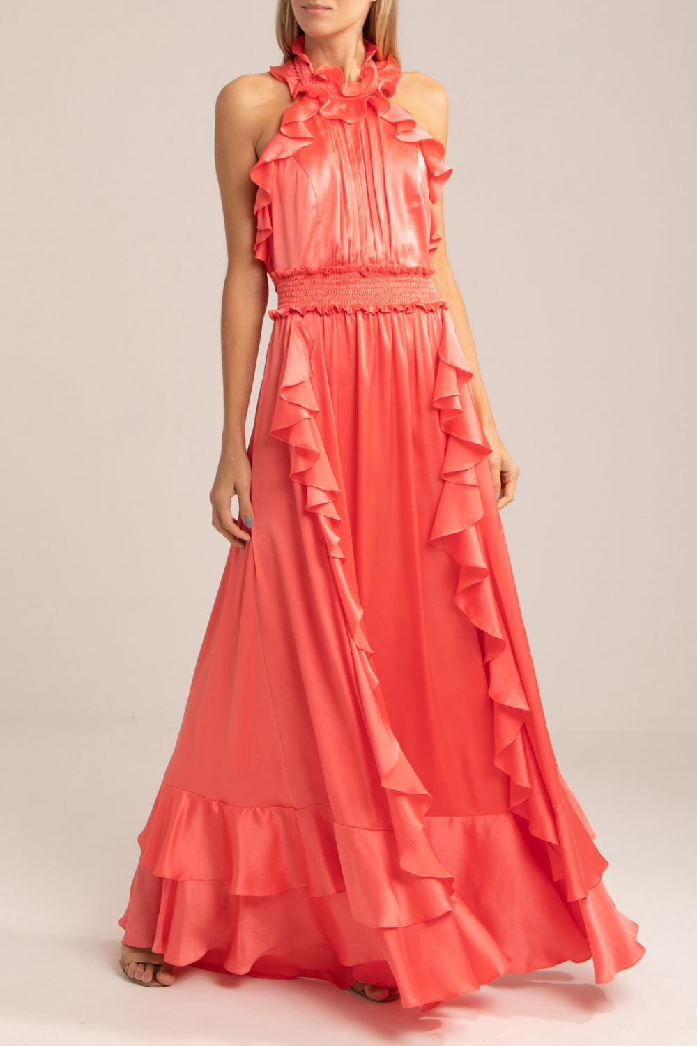 VESTIDO LONGO BABADO CETIM SLIP CORAL