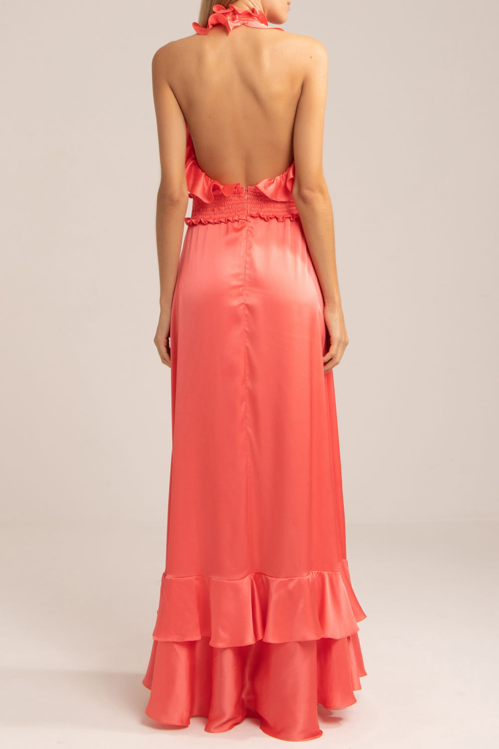 VESTIDO LONGO BABADO CETIM SLIP CORAL