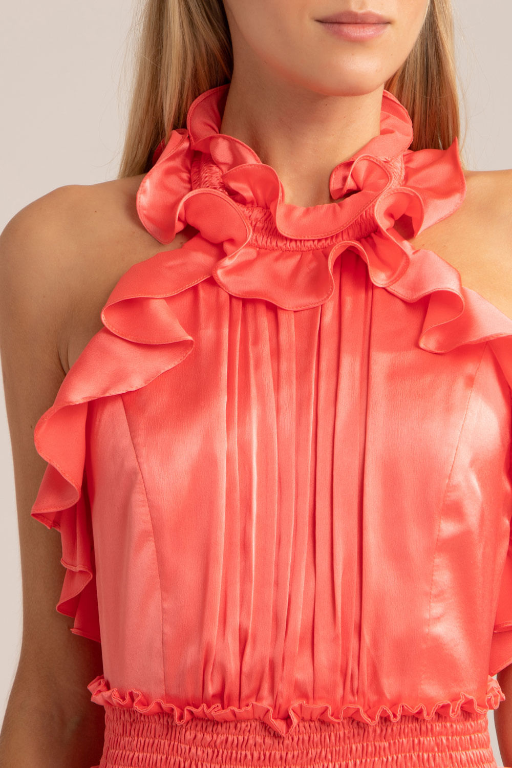 VESTIDO LONGO BABADO CETIM SLIP CORAL