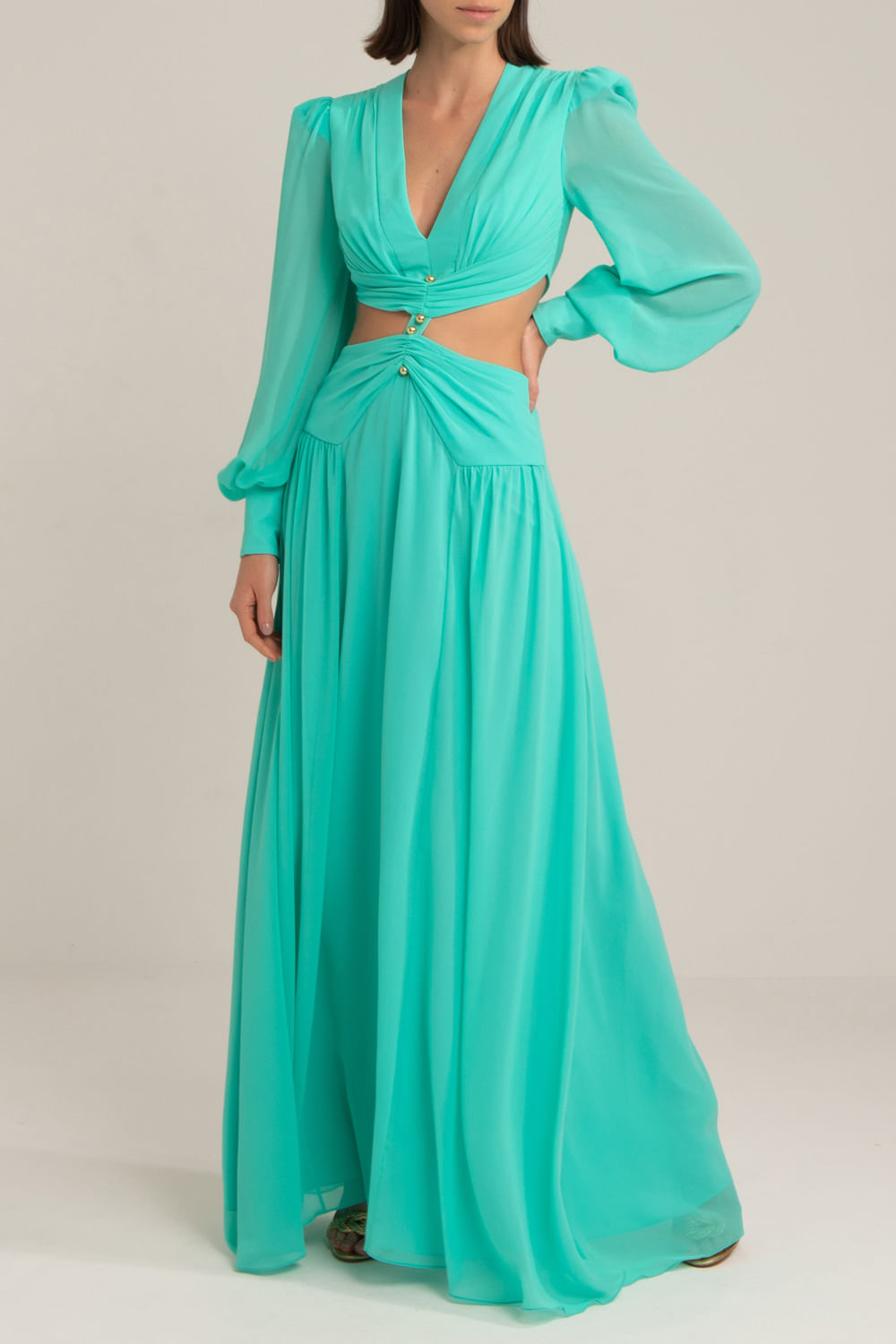 VESTIDO LONGO FERRAGEM CHIFFON BLOOMING AZUL