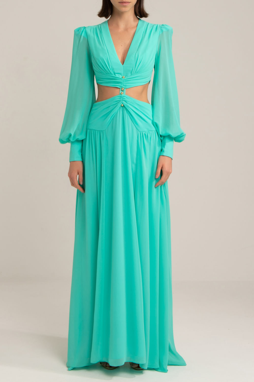 VESTIDO LONGO FERRAGEM CHIFFON BLOOMING AZUL