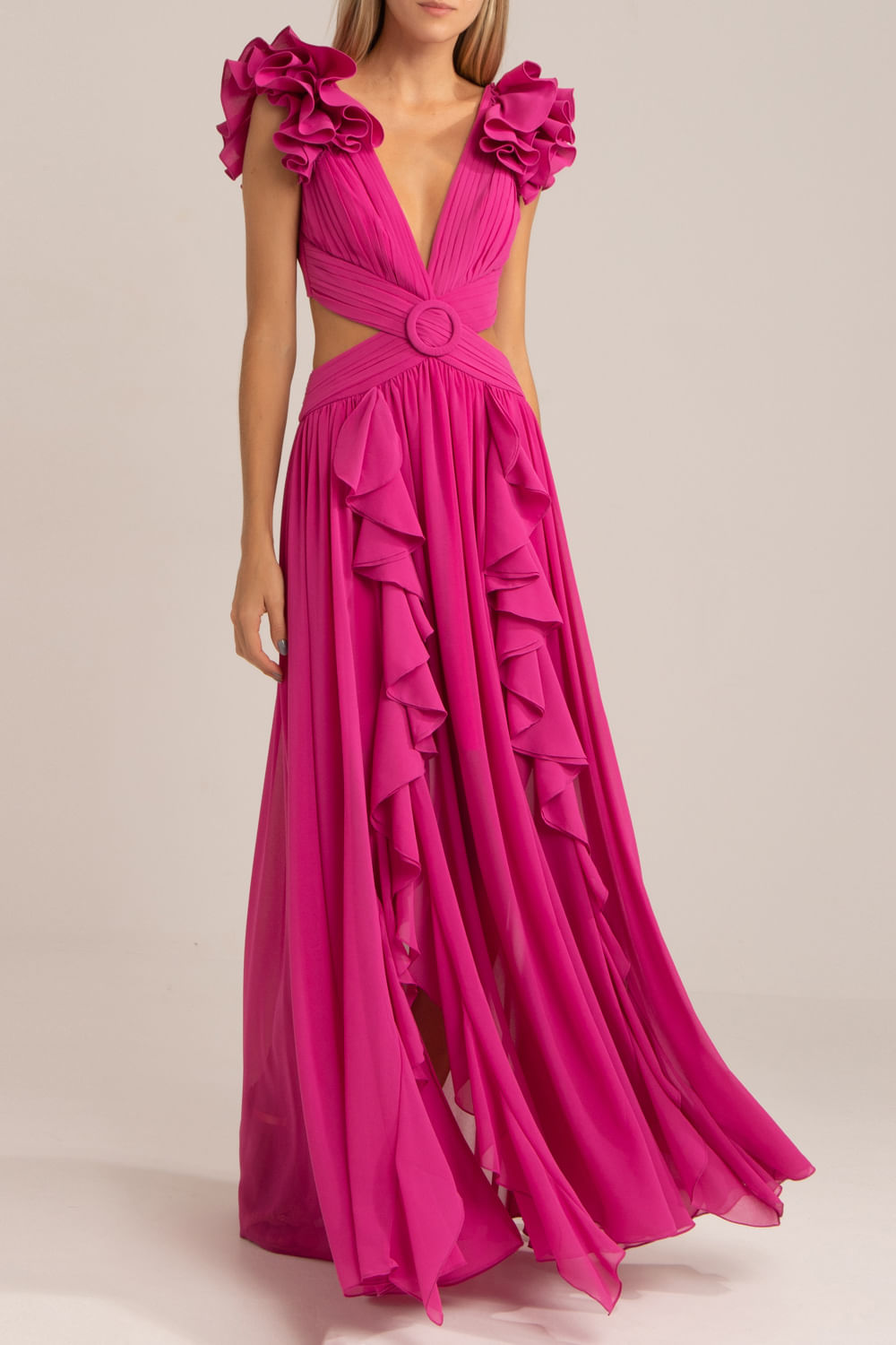 Vestido longo ferragem chiffon blooming pink