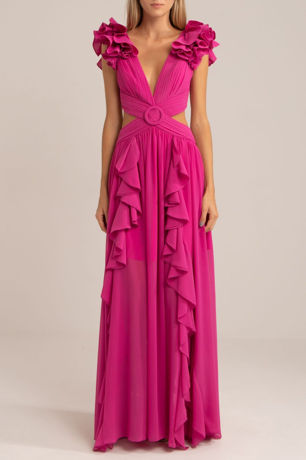 Vestido longo ferragem chiffon blooming pink