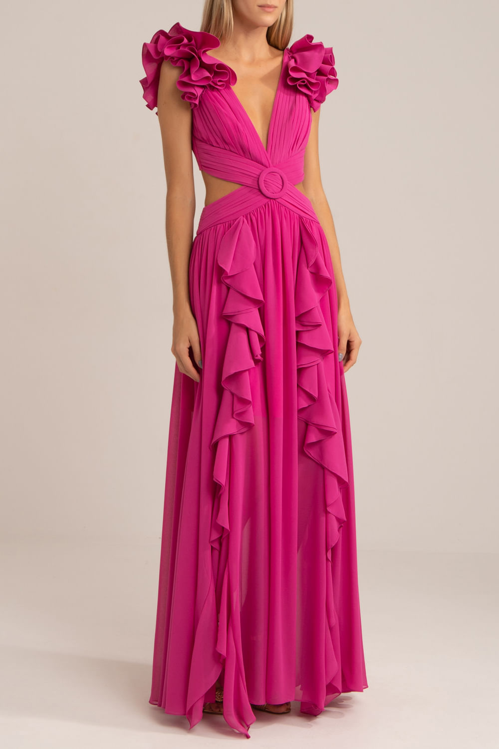Vestido longo ferragem chiffon blooming pink
