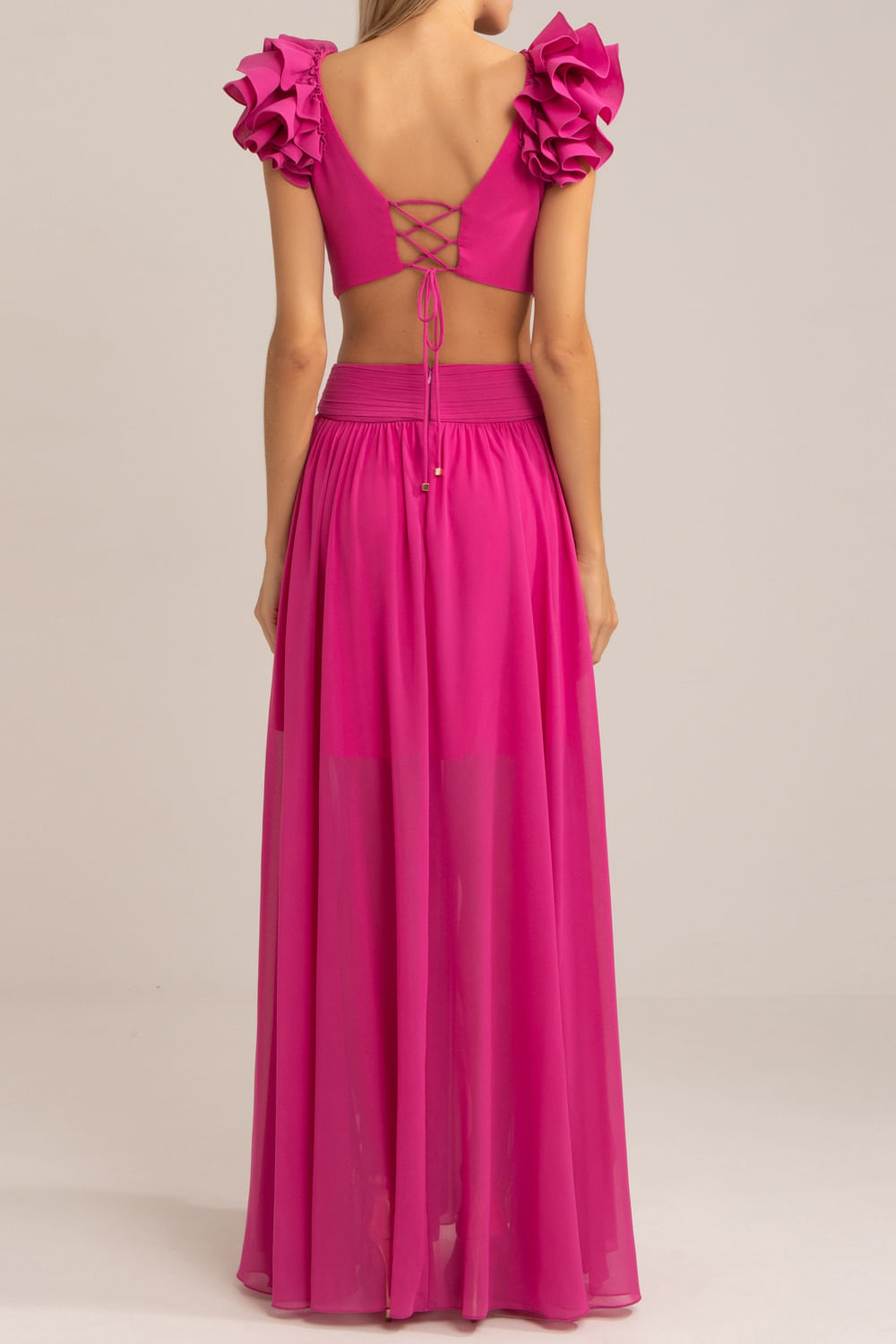 Vestido longo ferragem chiffon blooming pink