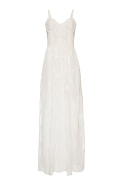 Vestido longo corset bordado corações off white
