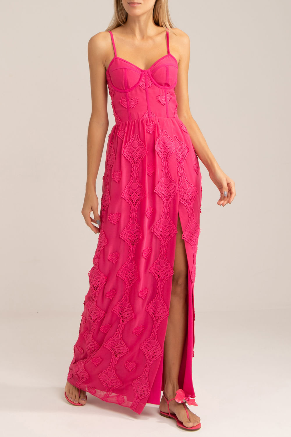 Vestido longo corset bordado corações pink