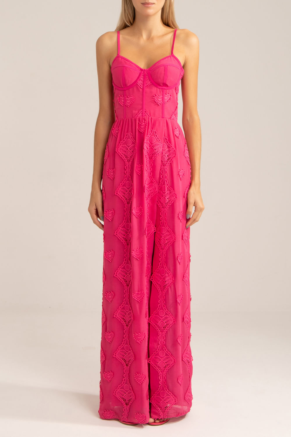 Vestido longo corset bordado corações pink