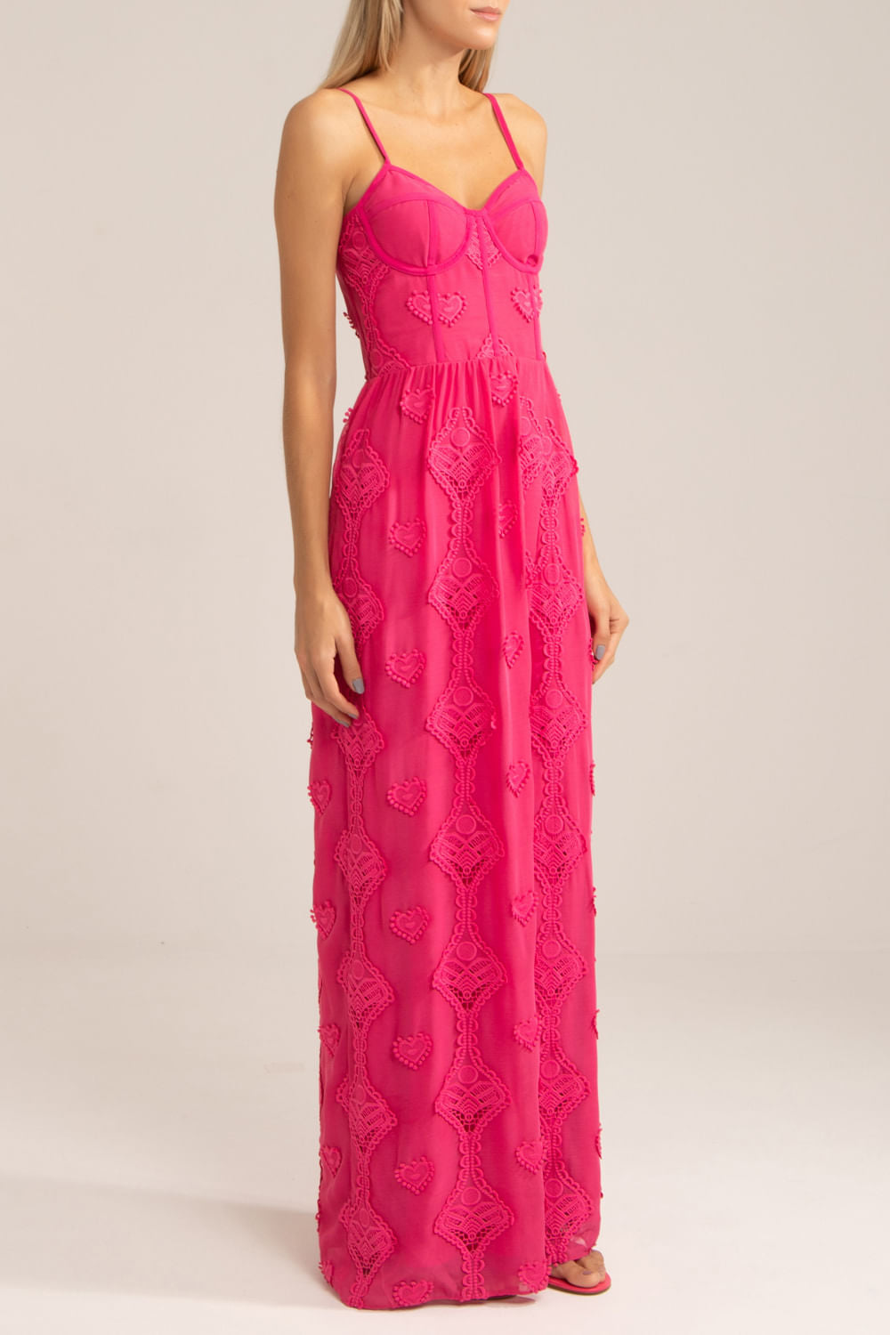 Vestido longo corset bordado corações pink