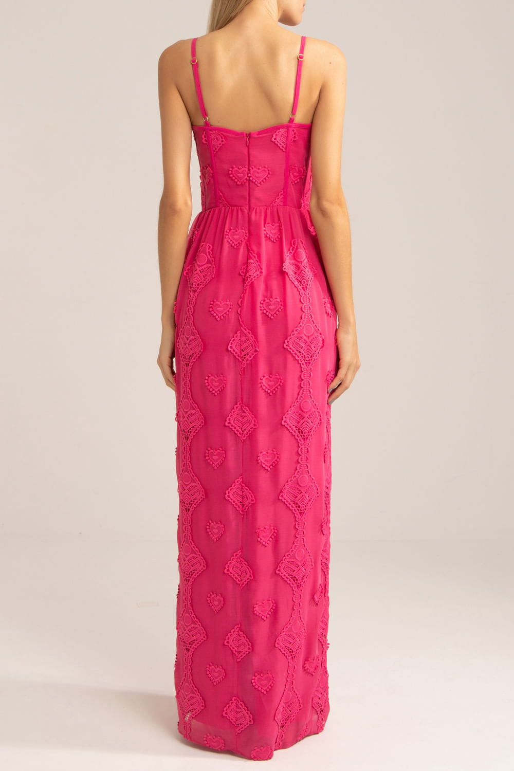Vestido longo corset bordado corações pink