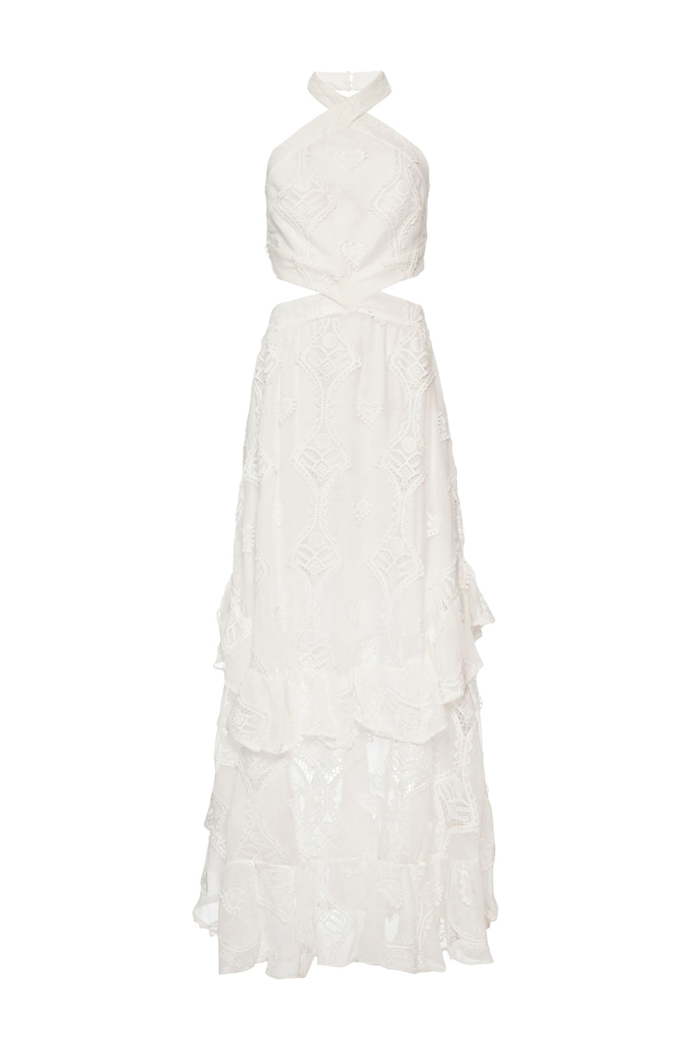 VESTIDO LONGO FRENTE ÚNICA BORDADO CORAÇÕES OFF WHITE