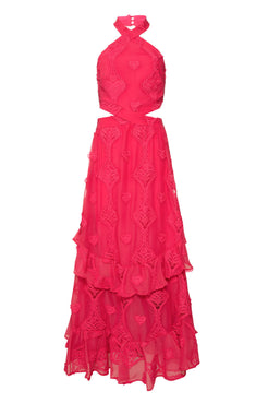 VESTIDO LONGO FRENTE ÚNICA BORDADO CORAÇÕES PINK