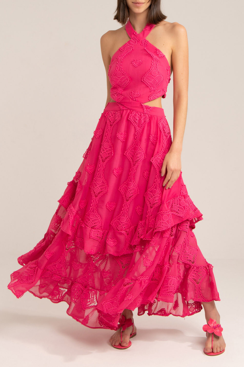 VESTIDO LONGO FRENTE ÚNICA BORDADO CORAÇÕES PINK