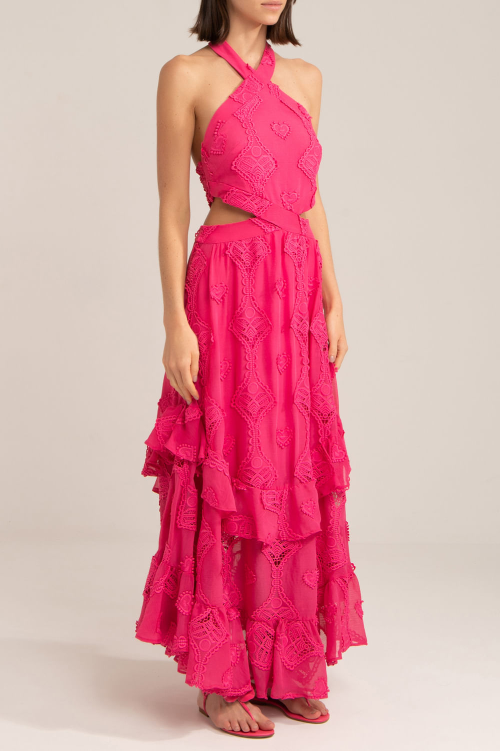 VESTIDO LONGO FRENTE ÚNICA BORDADO CORAÇÕES PINK