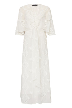 Vestido longo faixa bordado corações off white