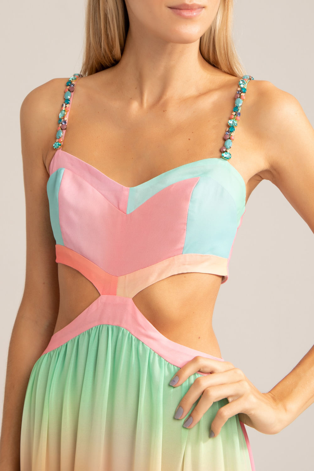 VESTIDO LONGO BABADO CANDY UNICORN CORAL