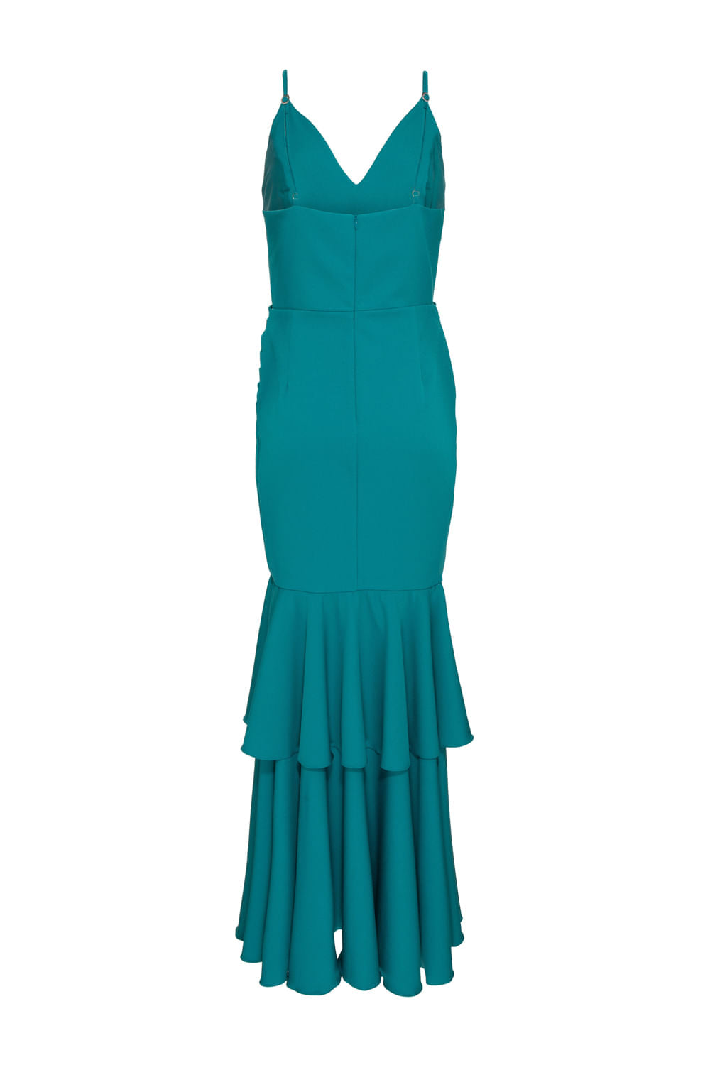 VESTIDO LONGO FENDA FRONTAL BABADO VERDE ESCURO