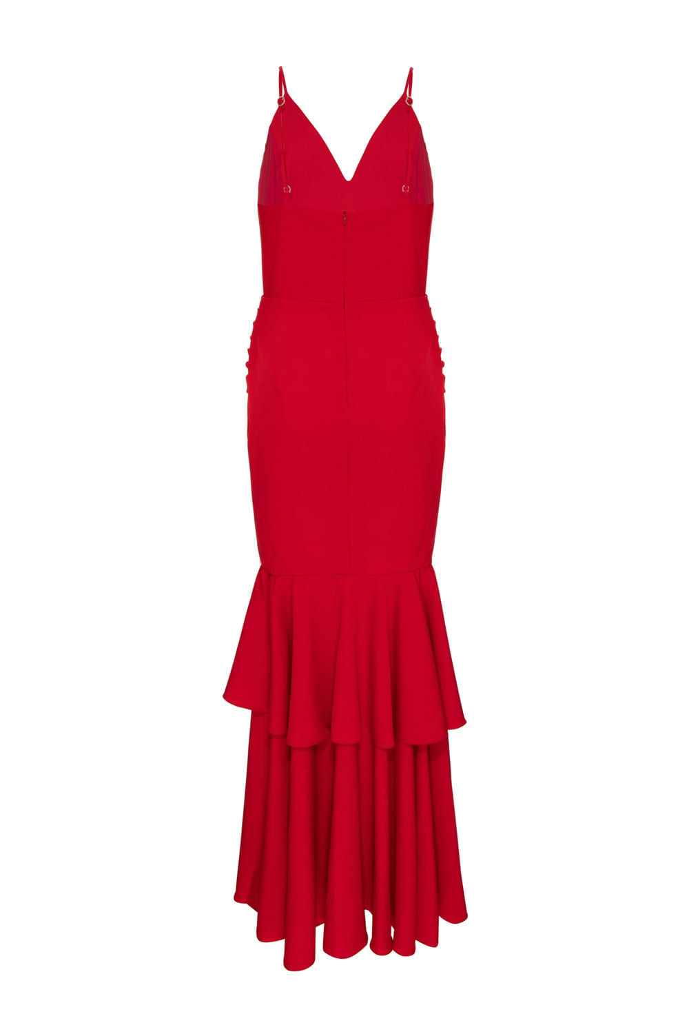 VESTIDO LONGO FENDA FRONTAL BABADO VERMELHO
