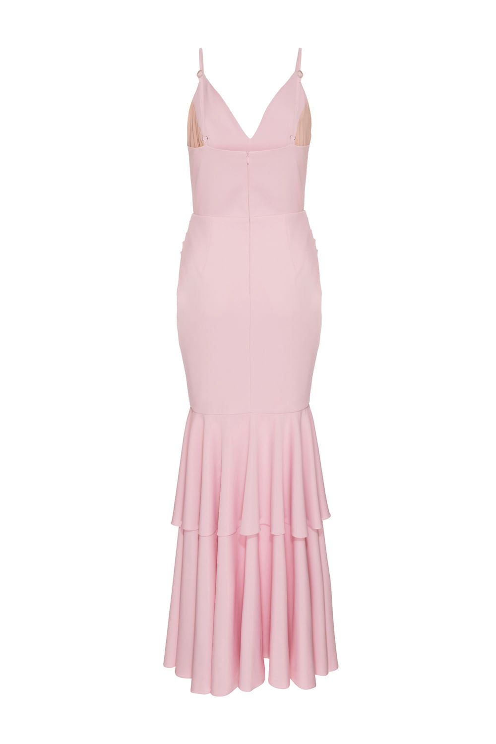 VESTIDO LONGO FENDA FRONTAL BABADO ROSA