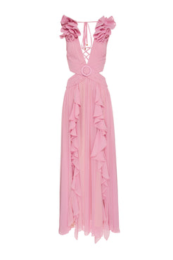 VESTIDO LONGO ALÇA BABADO ROSA