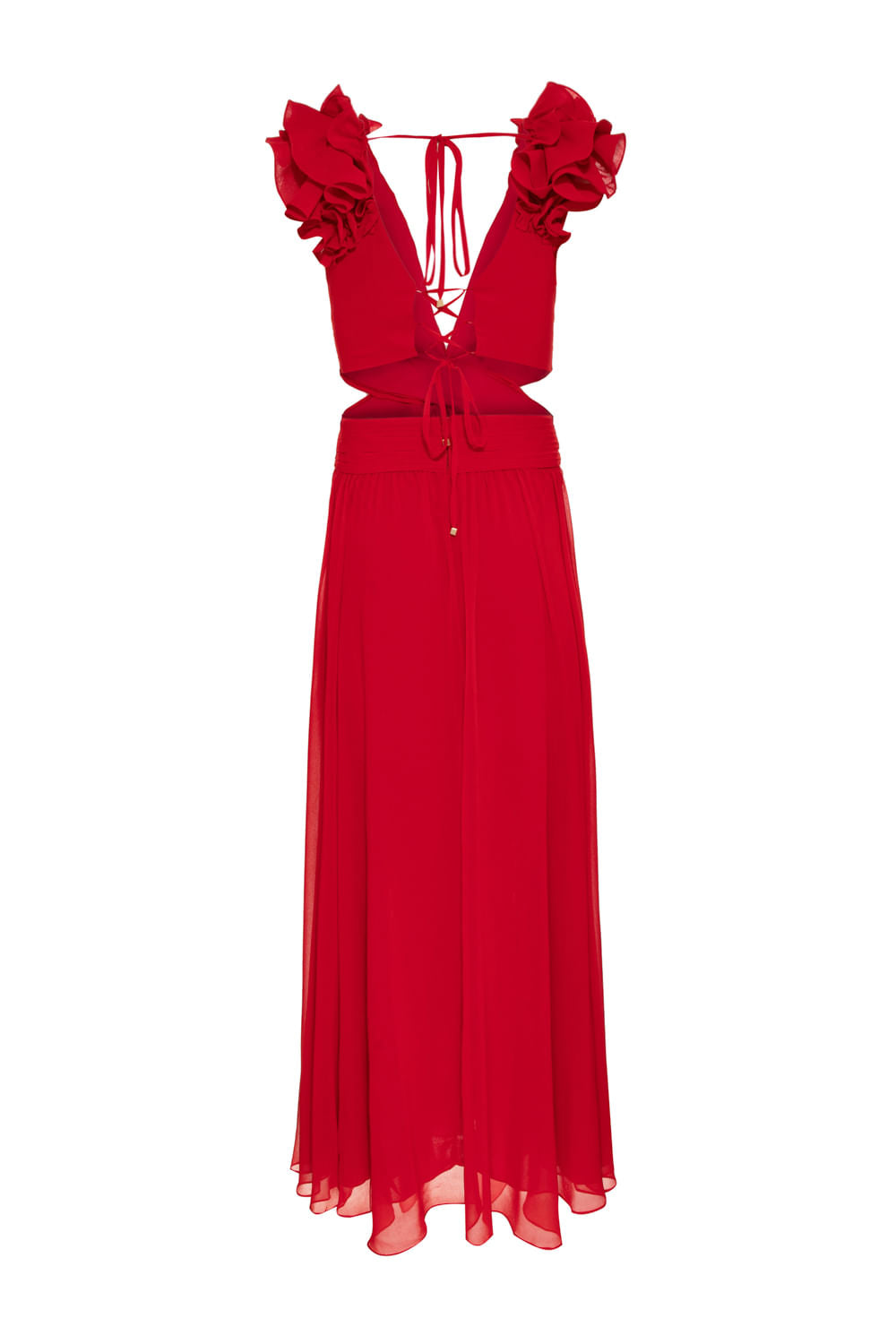 VESTIDO LONGO ALÇA BABADO VERMELHO