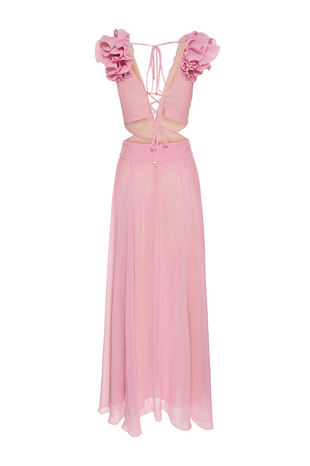 VESTIDO LONGO ALÇA BABADO ROSA