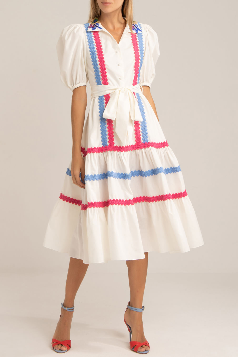 VESTIDO MÍDI LAÇO TRICOLINE RETRÔ OFF WHITE