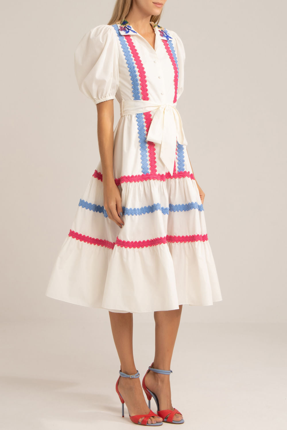 VESTIDO MÍDI LAÇO TRICOLINE RETRÔ OFF WHITE