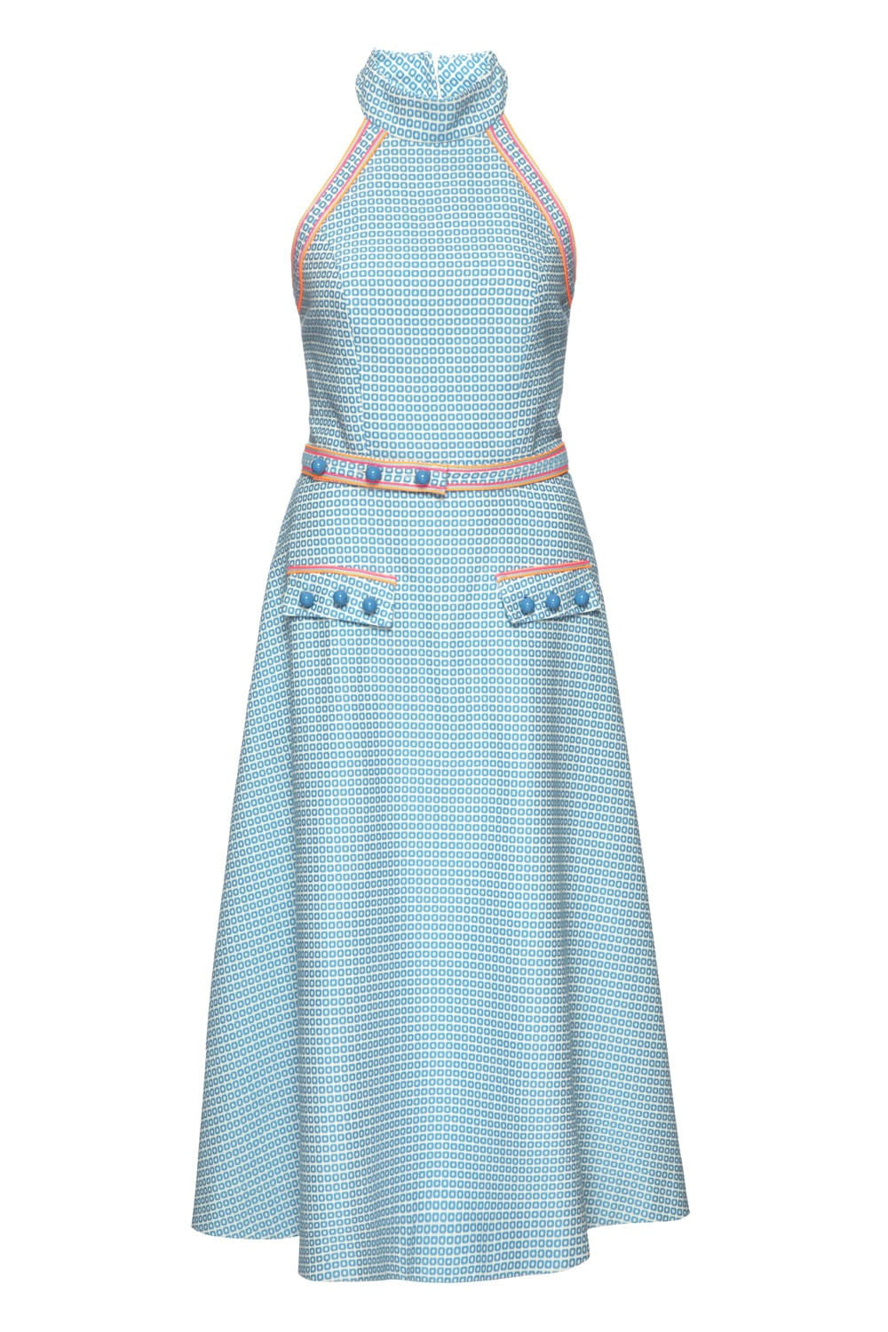 VESTIDO MÍDI FRENTE ÚNICA VINTAGE JACQUARD AZUL COM OFF