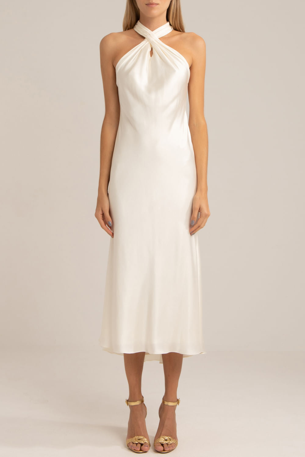 VESTIDO MÍDI DECOTE CRUZADO CETIM SLIP OFF WHITE