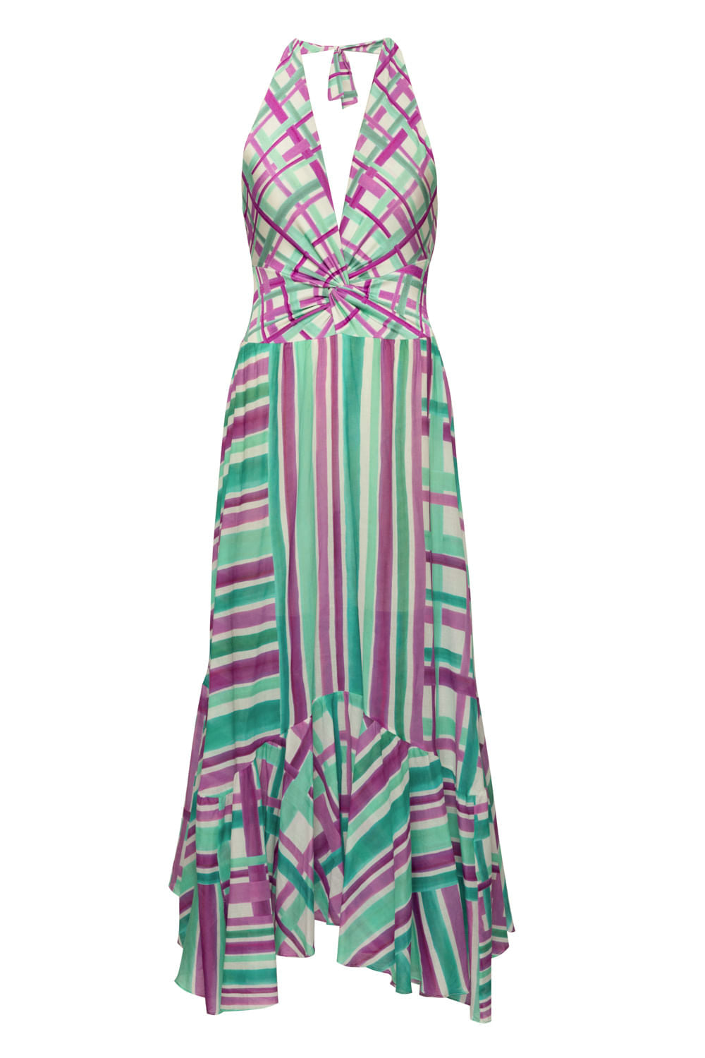 VESTIDO LONGO ASSIMÉTRICO XADREZ RIVIERA ROXO