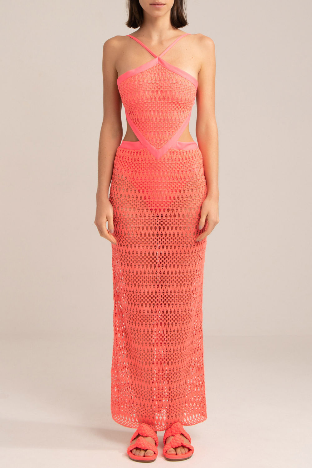Vestido longo frente única tela neon vibes coral
