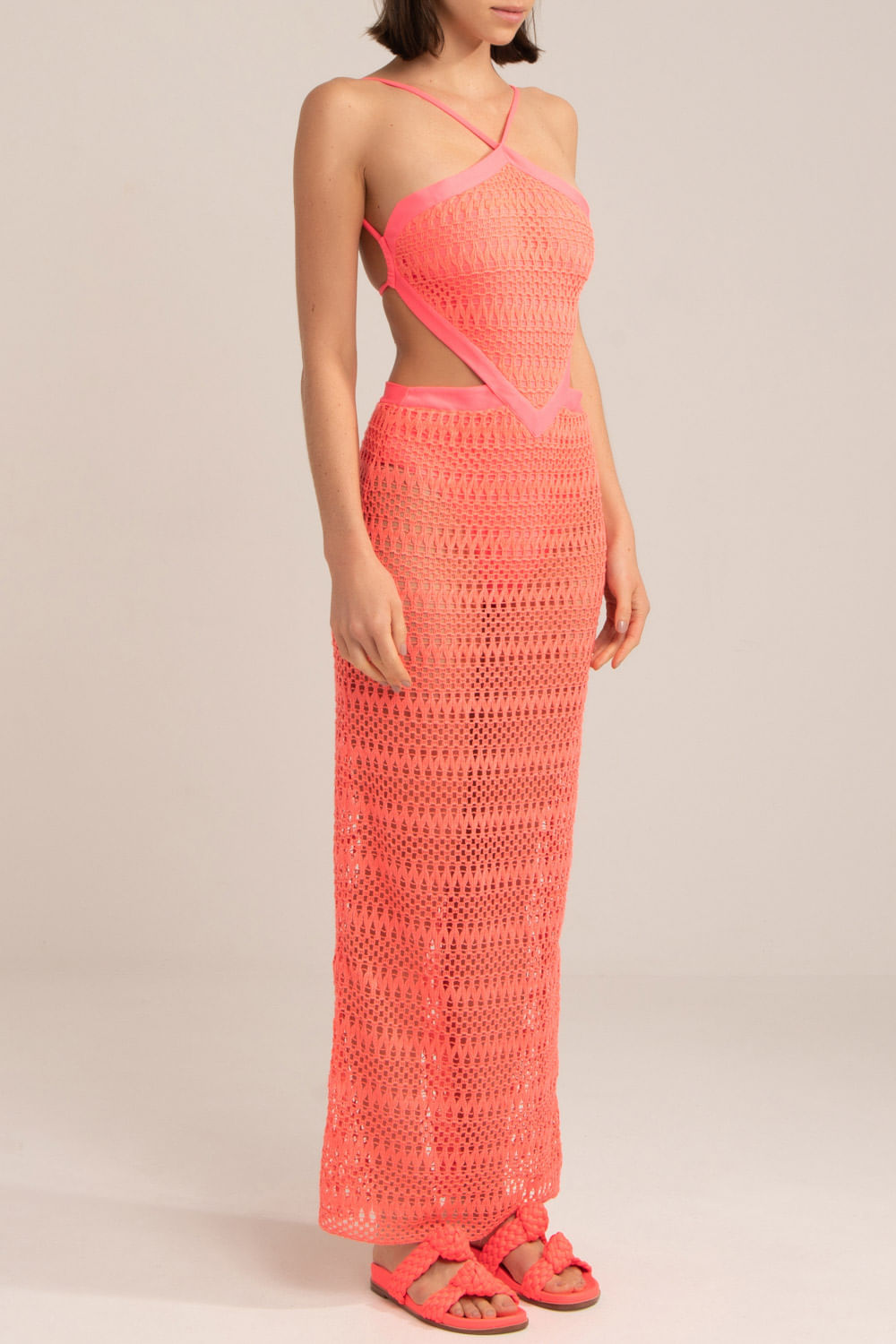 Vestido longo frente única tela neon vibes coral