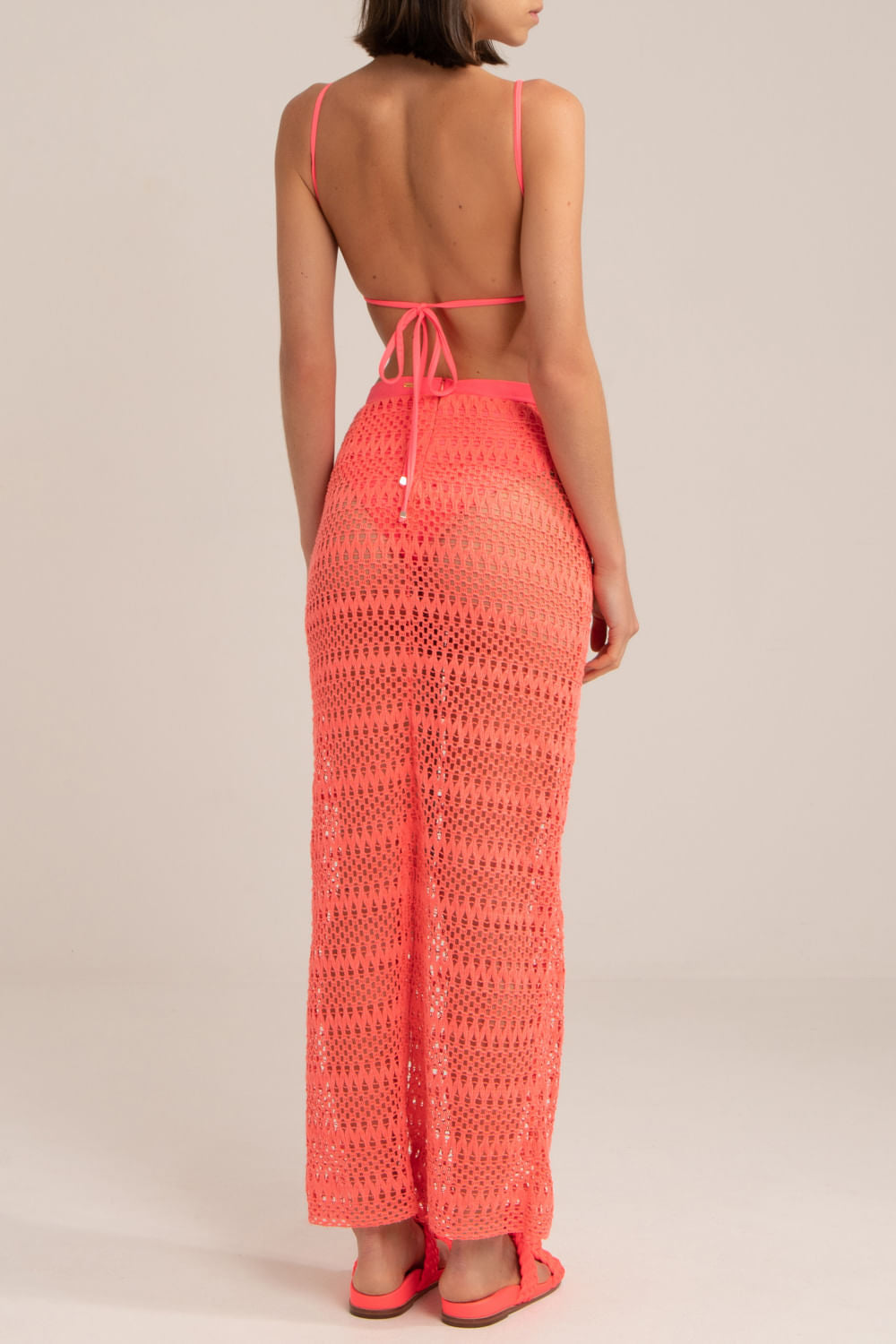 Vestido longo frente única tela neon vibes coral