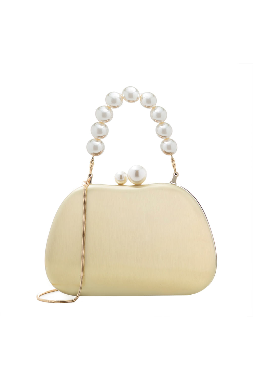BOLSA CLUTCH METAL PINO E ALÇA PÉROLAS OURO ESCOVADO