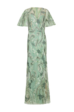 Vestido longo mangas amplas renda verde claro