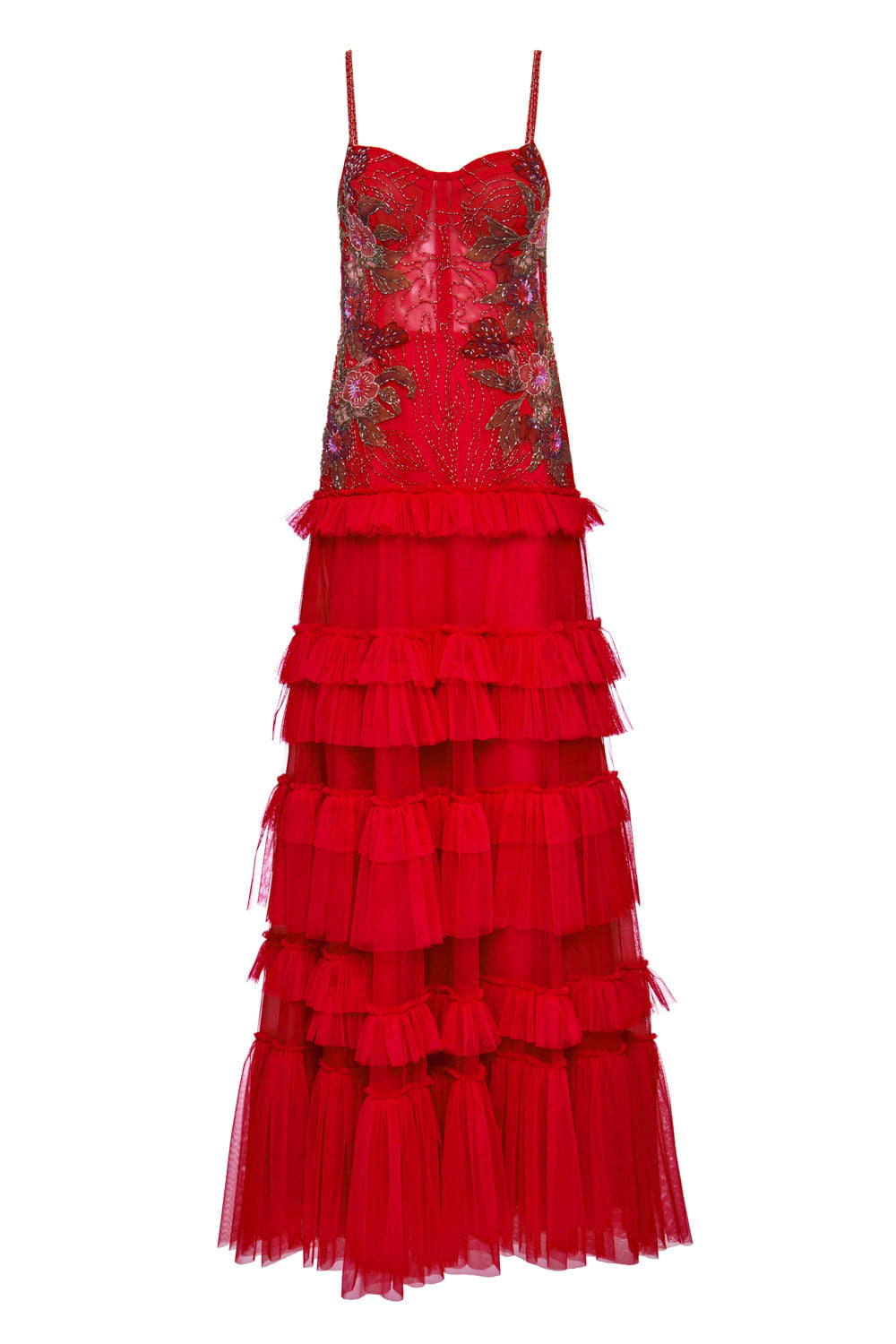 VESTIDO BORDADO CAMADAS TULE VERMELHO