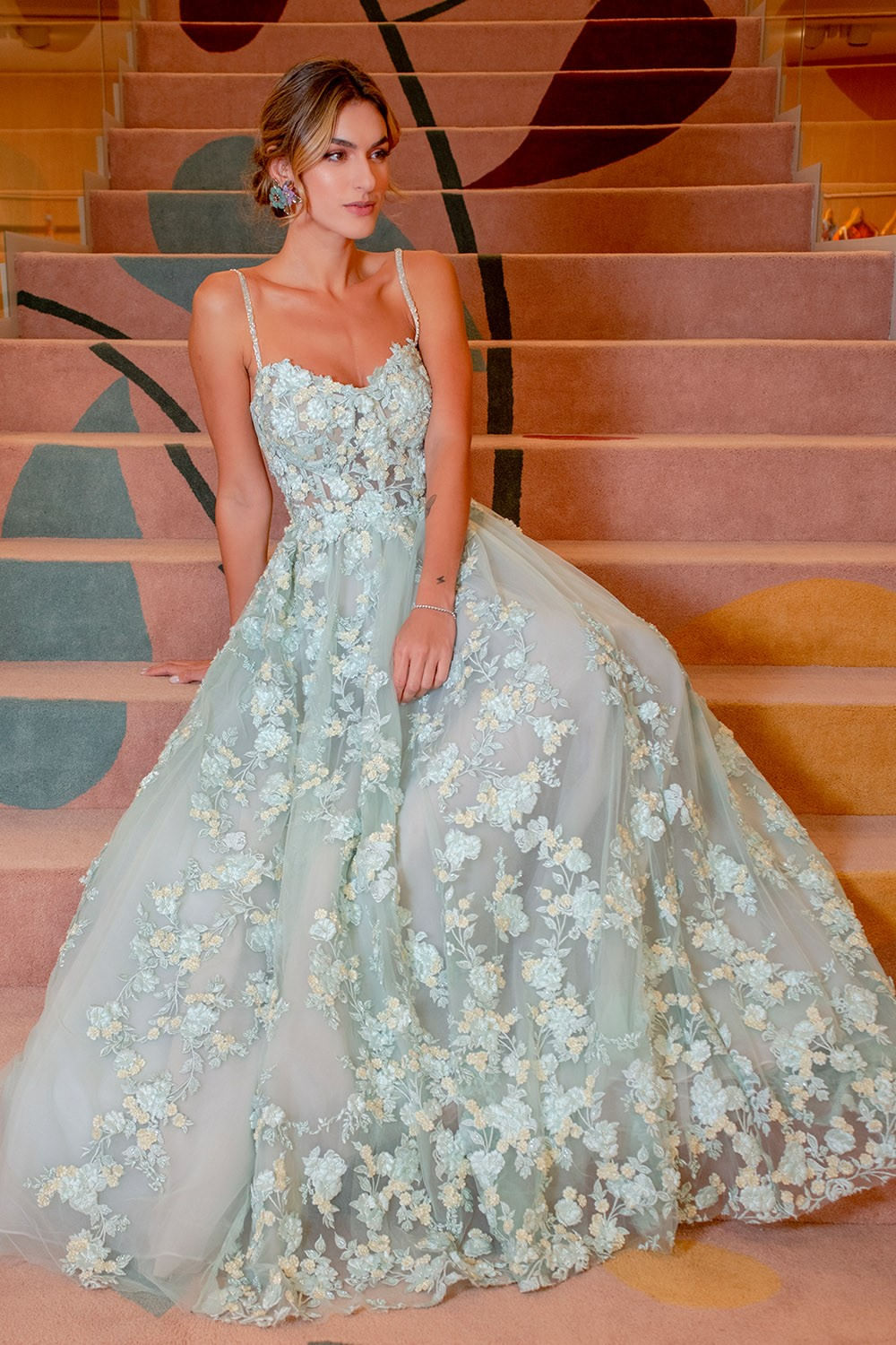 VESTIDO LONGO TULE RENDA FLORES VERDE CLARO