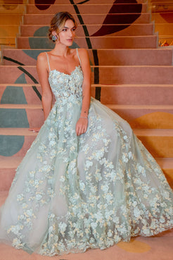 VESTIDO LONGO TULE RENDA FLORES VERDE CLARO