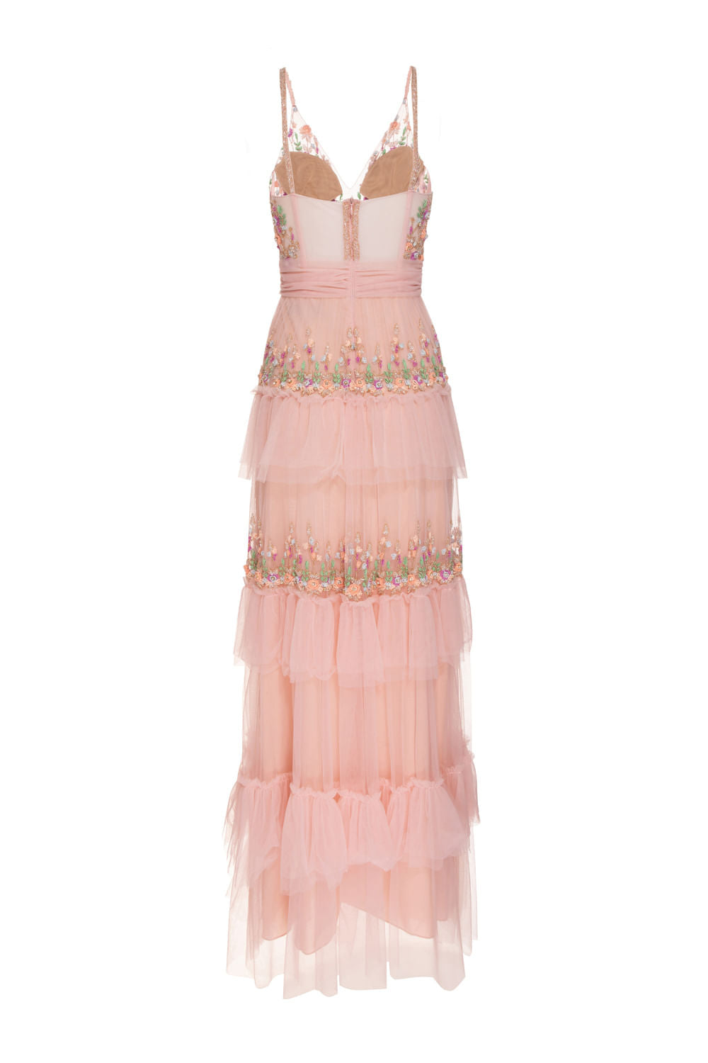 VESTIDO LONGO CAMADAS BORDADO ROSA