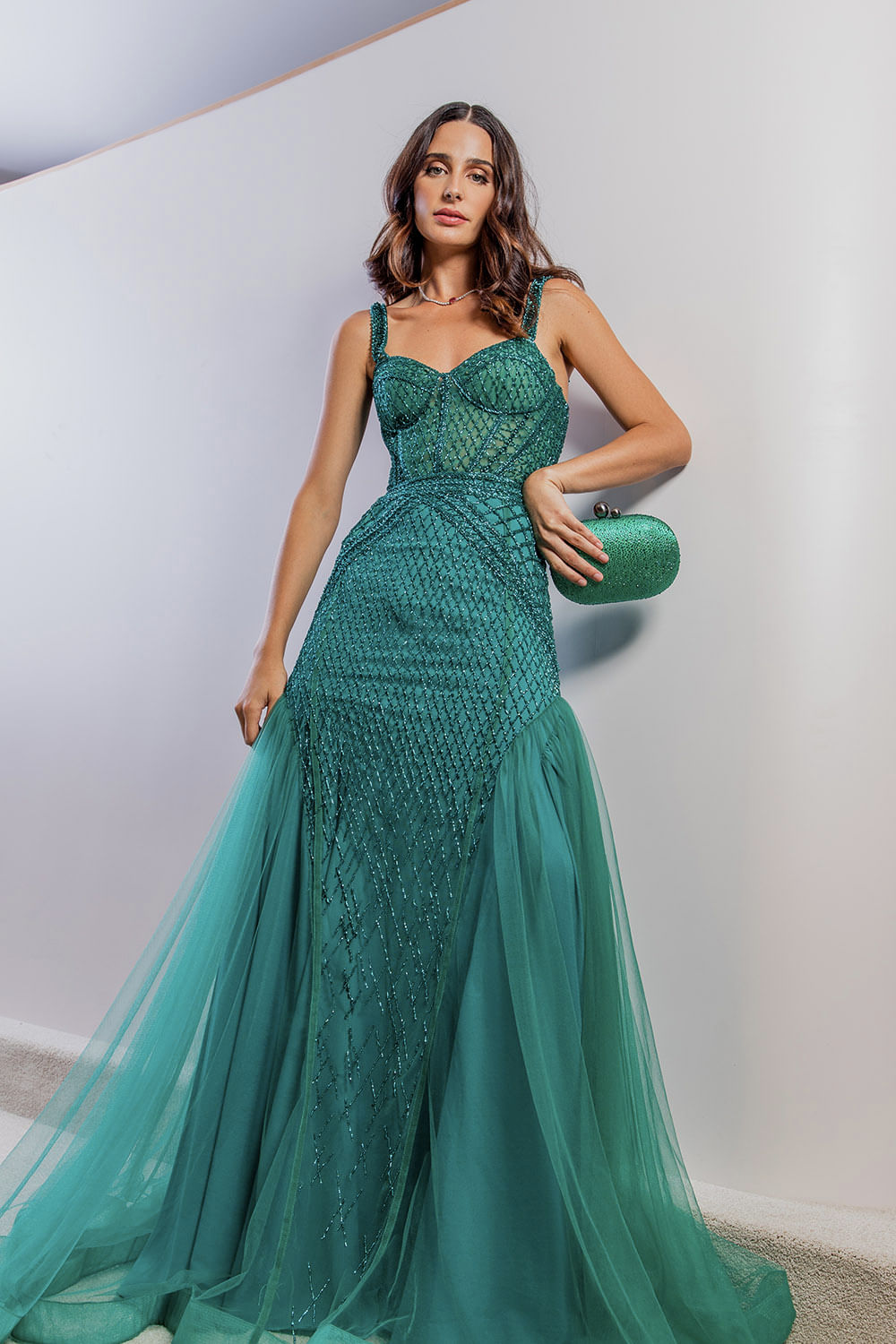 VESTIDO LONGO TULE BORDADO VERDE