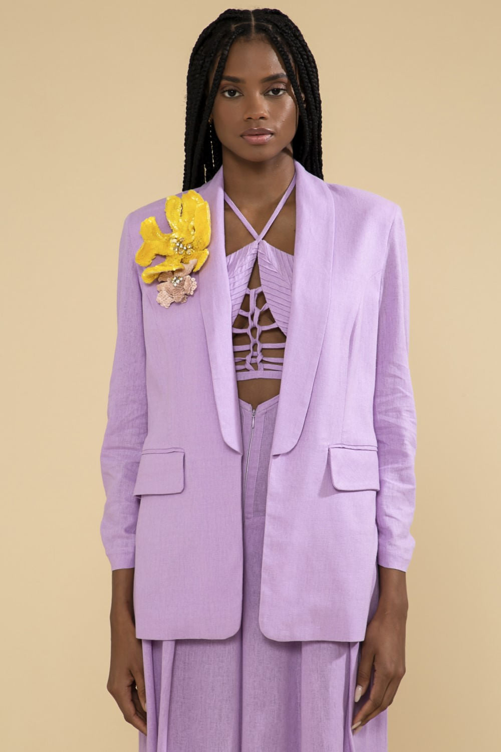 Blazer flor linho balneário lilas
