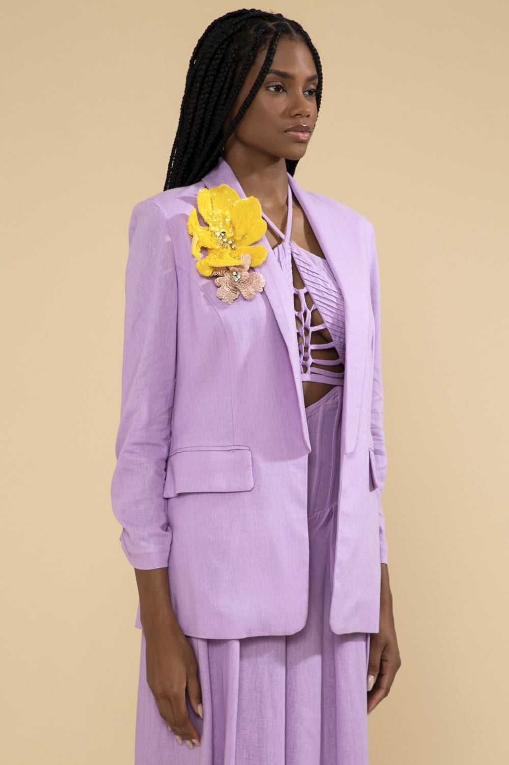 Blazer flor linho balneário lilas