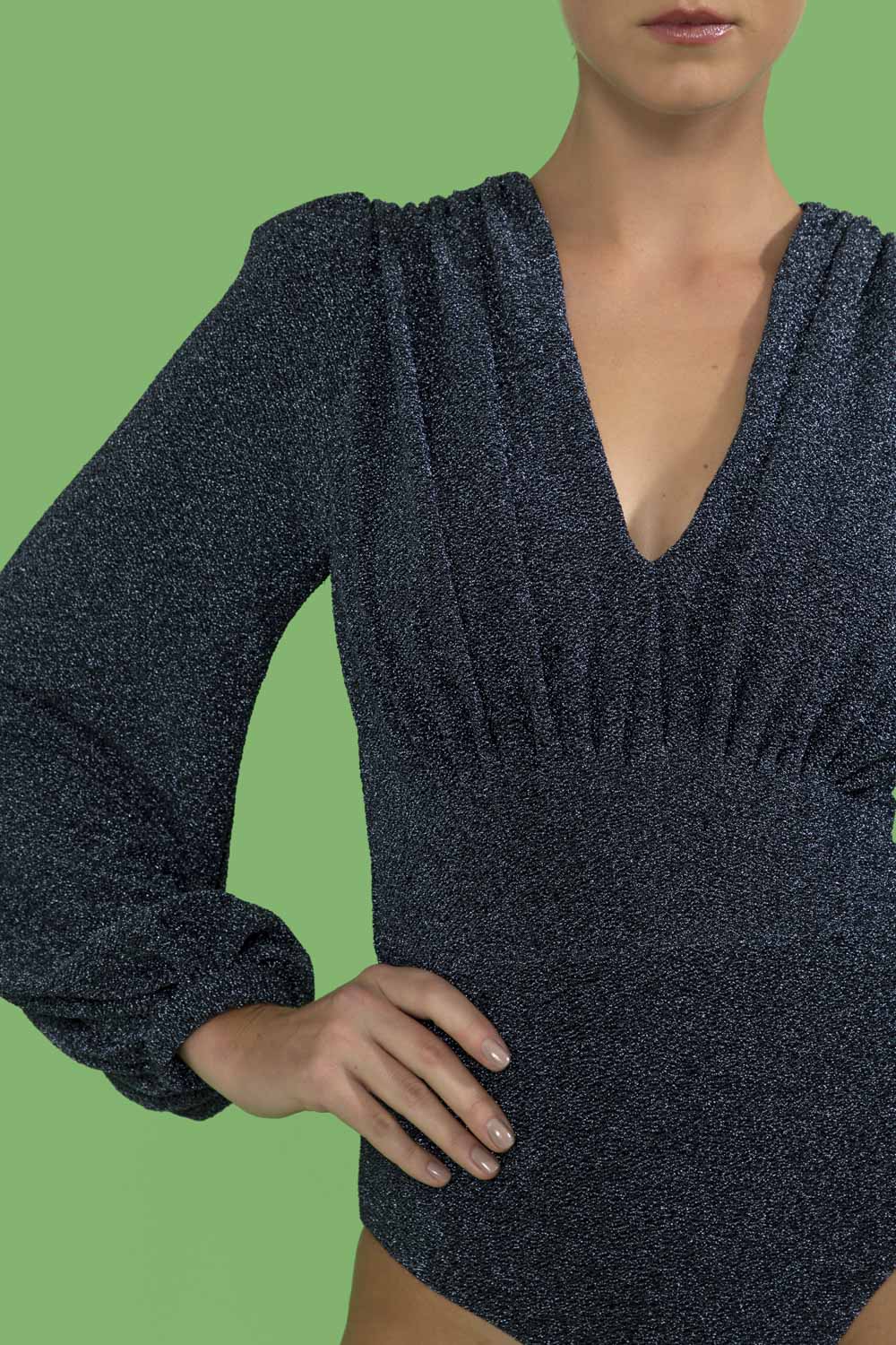 BODY MANGA LONGA LUREX BARDOT GRAFITE